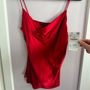 Zara Red Satin Cowl Neck Spaghetti Strap Tank Top